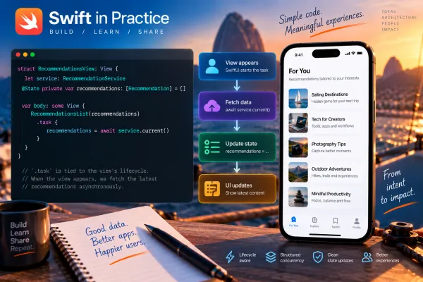 Sometimes the view really should own the work. When recommendations exist only to populate the current presentation, SwiftUI’s .task naturally aligns execution with the view lifecycle: appear, fetch, update, disappear—and cancel when the result is no